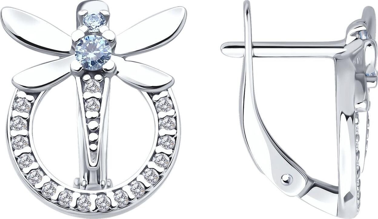 Серьги Diamant 94-120-02197-1 для женщин, мотив стрекозы, серебро 925 с родиевым покрытием, синий фианит 2.5 мм, английский замок