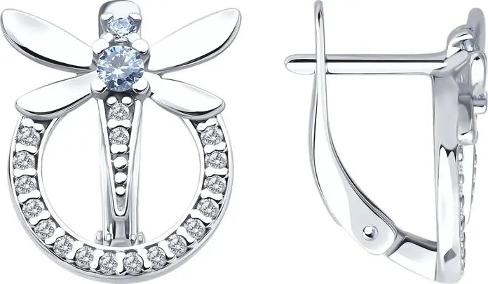 Серьги Diamant 94-120-02197-1 для женщин, мотив стрекозы, серебро 925 с родиевым покрытием, синий фианит 2.5 мм, английский замок