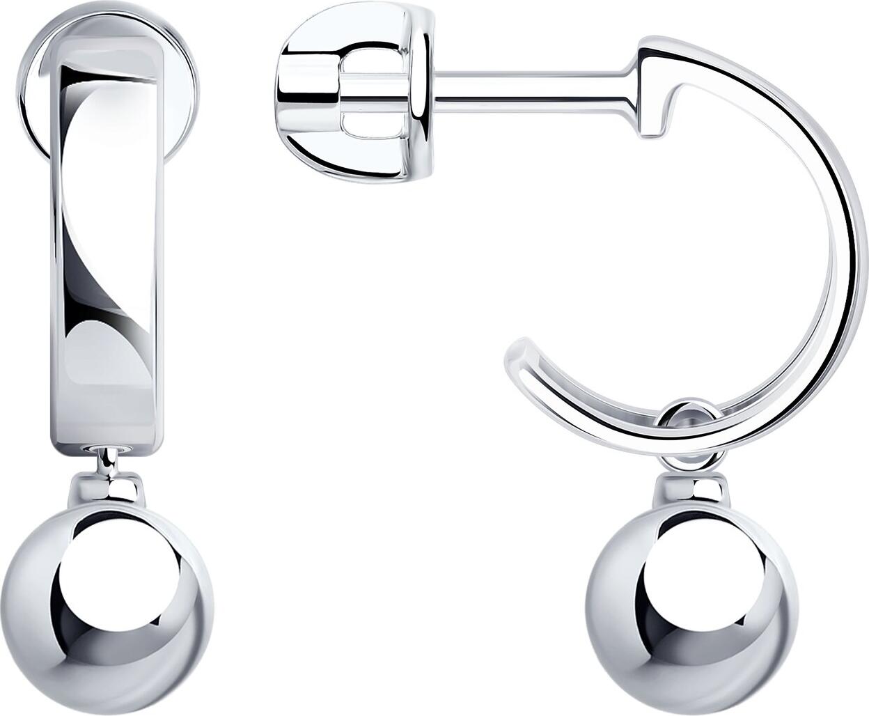 SOKOLOV 94024802 Women's Semi-Hoop Earrings with Ball Pendants, 925 Sterling Silver, Rhodium Plated, Stud Clasp, 19mm Length, Silver