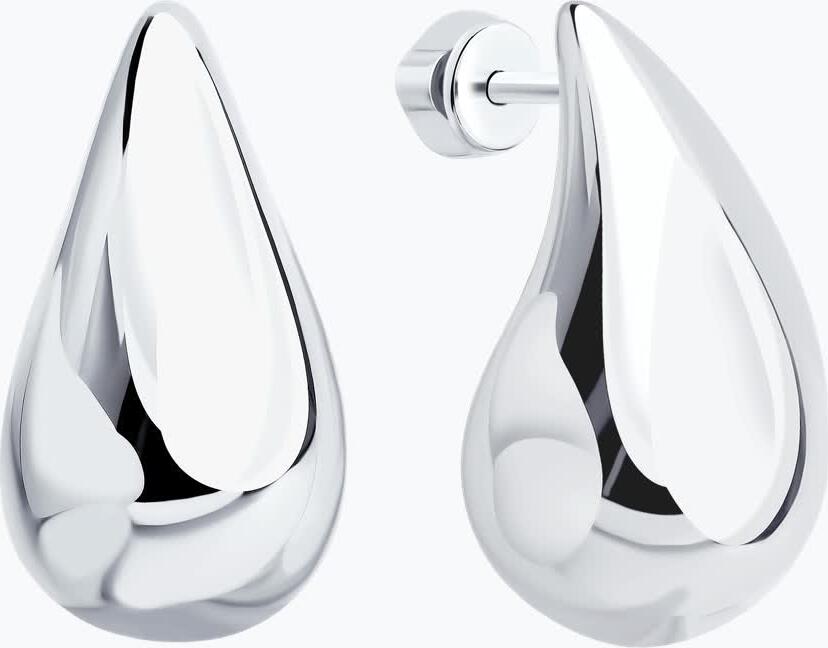 SOKOLOV 94027197 Women's Rhodium-Plated 925 Sterling Silver Volumetric Teardrop Stud Earrings, Smooth Streamlined Design, 23mm Length
