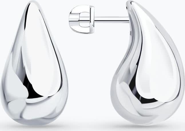 SOKOLOV 94027197 Women's Rhodium-Plated 925 Sterling Silver Volumetric Teardrop Stud Earrings, Smooth Streamlined Design, 23mm Length
