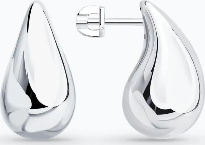 SOKOLOV 94027197 Women's Rhodium-Plated 925 Sterling Silver Volumetric Teardrop Stud Earrings, Smooth Streamlined Design, 23mm Length