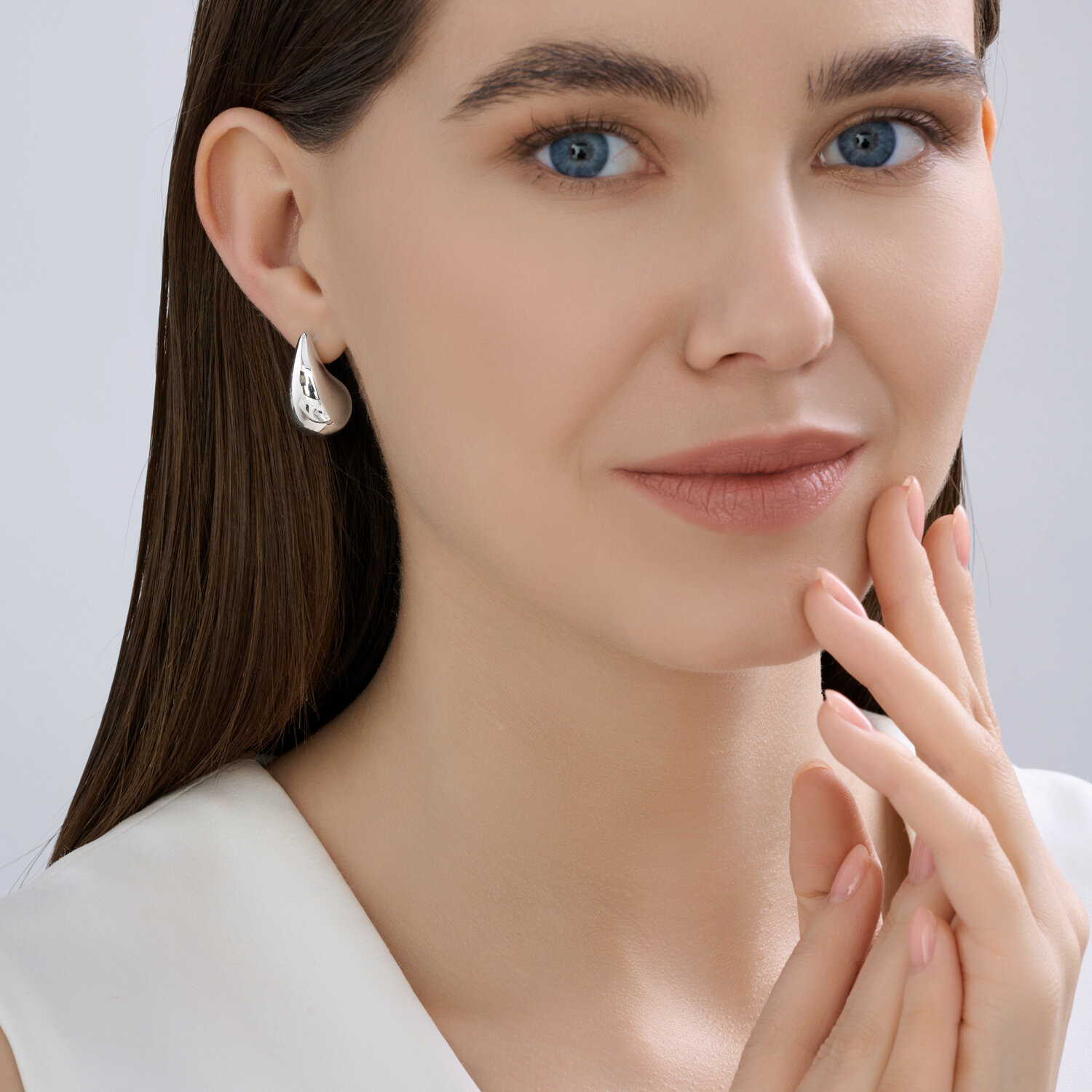 SOKOLOV 94027197 Women's Rhodium-Plated 925 Sterling Silver Volumetric Teardrop Stud Earrings, Smooth Streamlined Design, 23mm Length