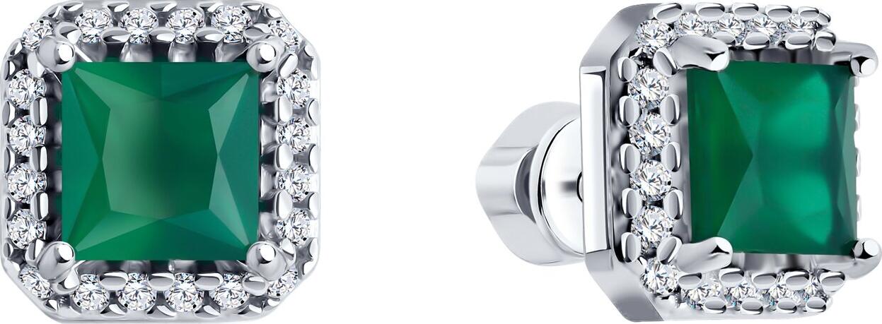 SOKOLOV 92022852 Women's Stud Earrings, 925 Sterling Silver Rhodium Plated, Green Square Agate and Round Cubic Zirconia, 3.21g, 0.66ct, 10x5x10mm