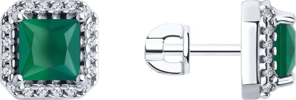 SOKOLOV 92022852 Women's Stud Earrings, 925 Sterling Silver Rhodium Plated, Green Square Agate and Round Cubic Zirconia, 3.21g, 0.66ct, 10x5x10mm
