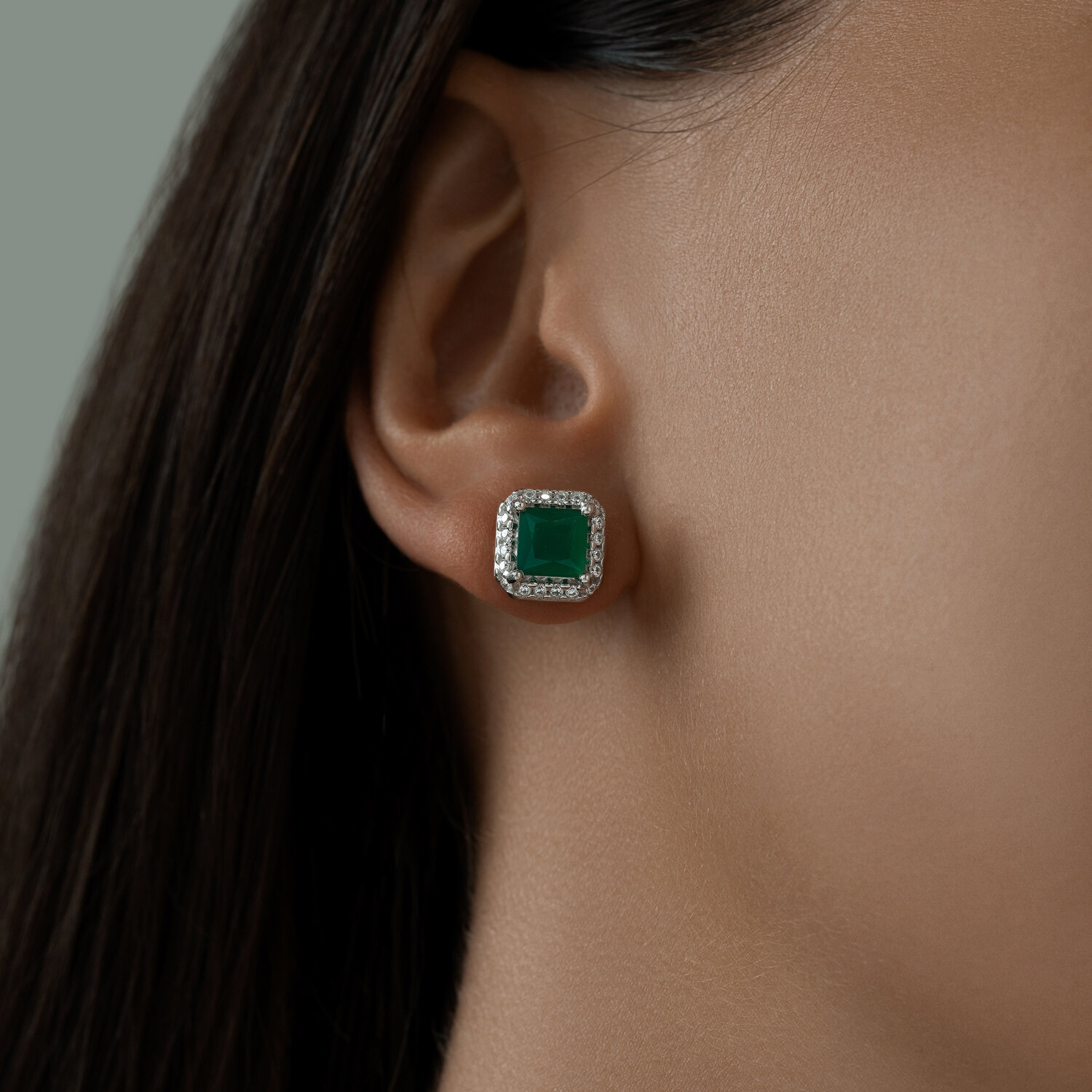 SOKOLOV 92022852 Women's Stud Earrings, 925 Sterling Silver Rhodium Plated, Green Square Agate and Round Cubic Zirconia, 3.21g, 0.66ct, 10x5x10mm