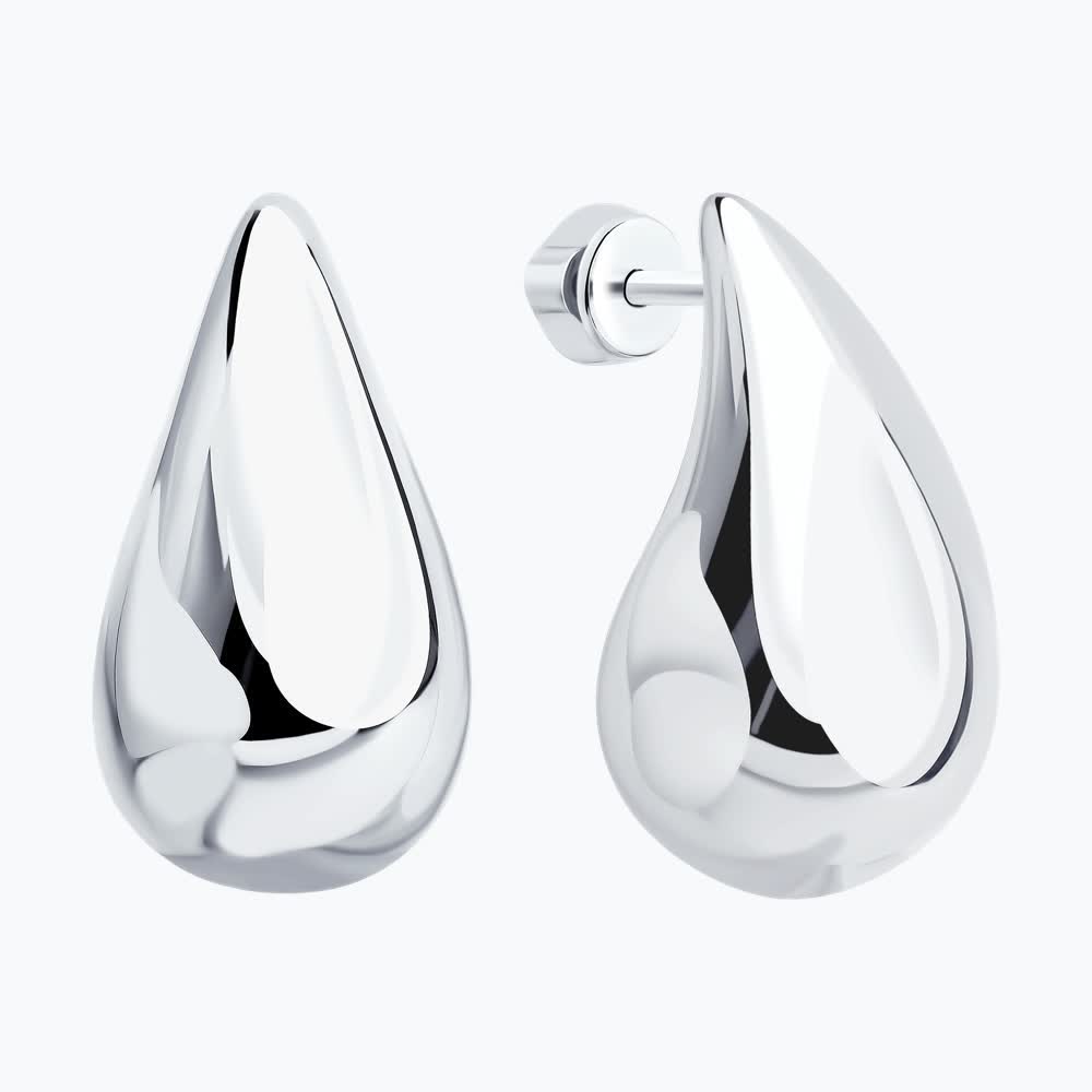 SOKOLOV 94027197 Women's Rhodium-Plated 925 Sterling Silver Volumetric Teardrop Stud Earrings, Smooth Streamlined Design, 23mm Length