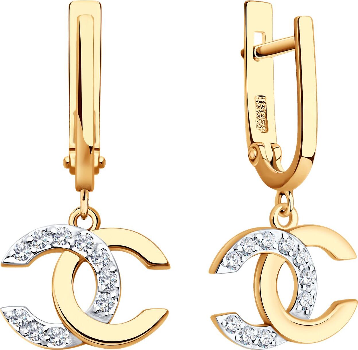 Cercei Diamant 51-121-02988-1 pentru femei, Aur Roșu 585 cu placare Rodiu, 20 Zirconii Rotunde Incolore 0.33ct, Închidere Englezească, Design C-Shape Interconectate