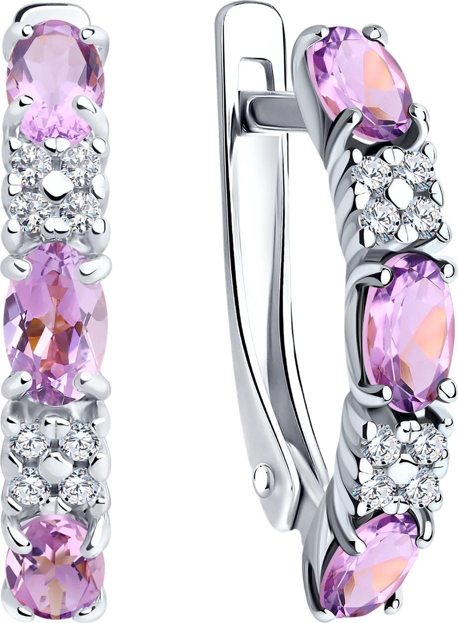 SOKOLOV 92021432 Women's Earrings, 925 Rhodium-Plated Silver, Amethyst and Cubic Zirconia, Round Cut, English Lock, 2.71g, 0.264 ct