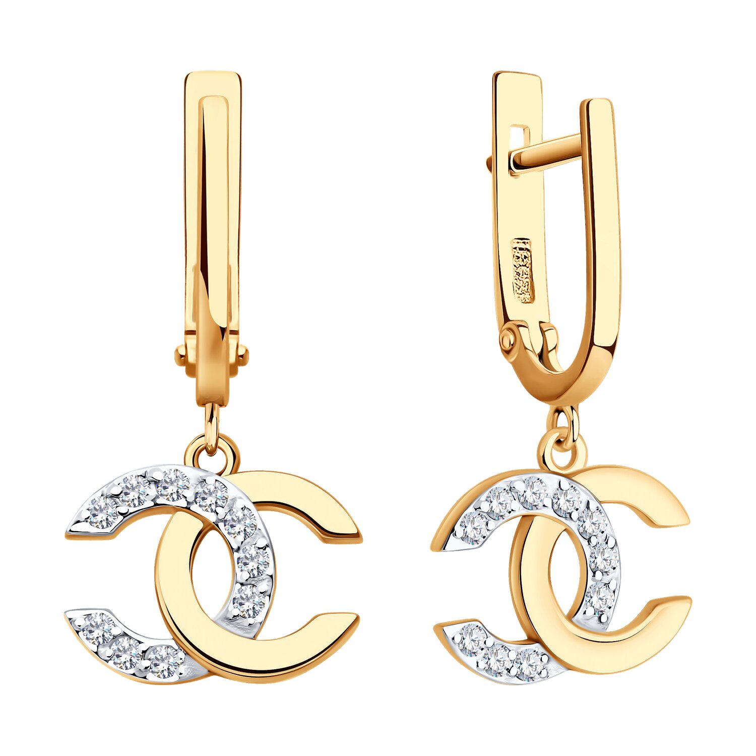 Cercei Diamant 51-121-02988-1 pentru femei, Aur Roșu 585 cu placare Rodiu, 20 Zirconii Rotunde Incolore 0.33ct, Închidere Englezească, Design C-Shape Interconectate