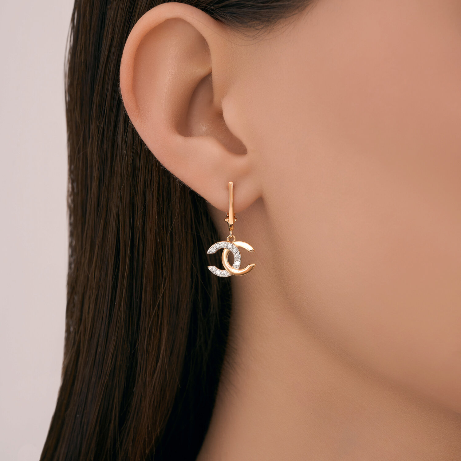 Cercei Diamant 51-121-02988-1 pentru femei, Aur Roșu 585 cu placare Rodiu, 20 Zirconii Rotunde Incolore 0.33ct, Închidere Englezească, Design C-Shape Interconectate