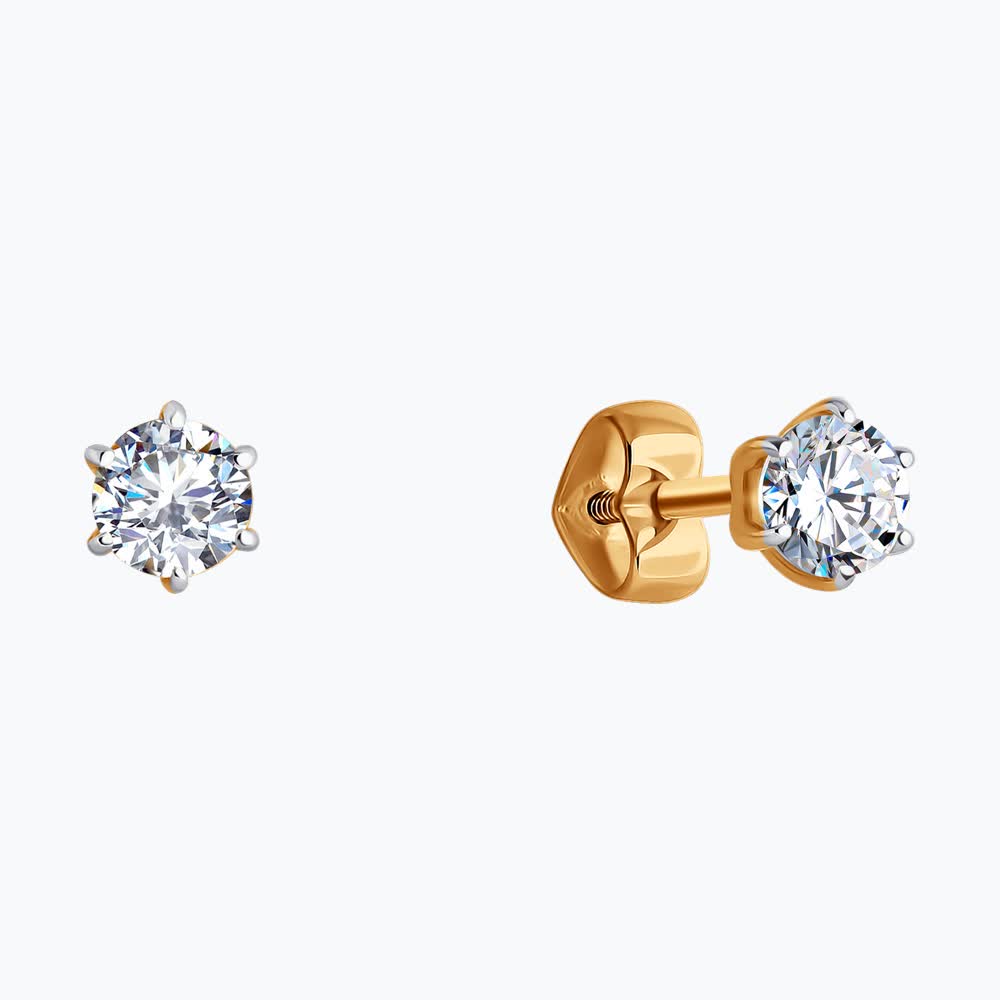 Diamant 31-122-01002-2 Women's Stud Earrings, 375 Red Gold 9K, Round Colorless Cubic Zirconia 4mm, 0.901ct, 1.01g