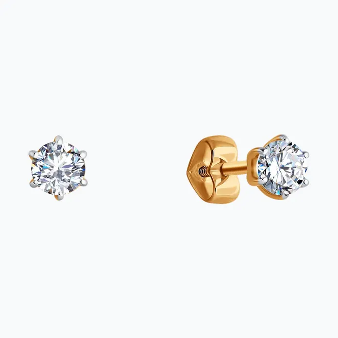 Diamant 31-122-01002-2 Women's Stud Earrings, 375 Red Gold 9K, Round Colorless Cubic Zirconia 4mm, 0.901ct, 1.01g