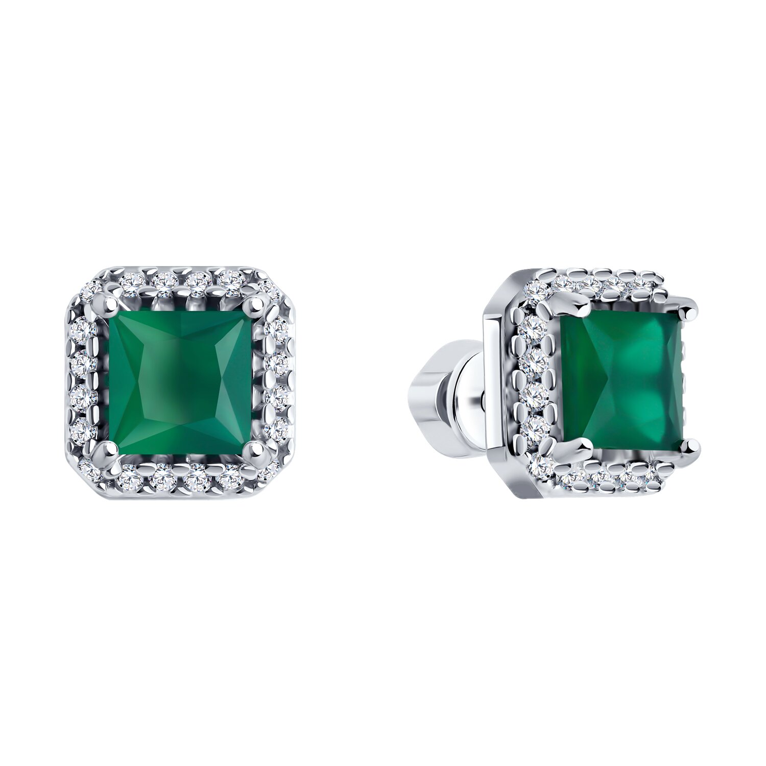 SOKOLOV 92022852 Women's Stud Earrings, 925 Sterling Silver Rhodium Plated, Green Square Agate and Round Cubic Zirconia, 3.21g, 0.66ct, 10x5x10mm