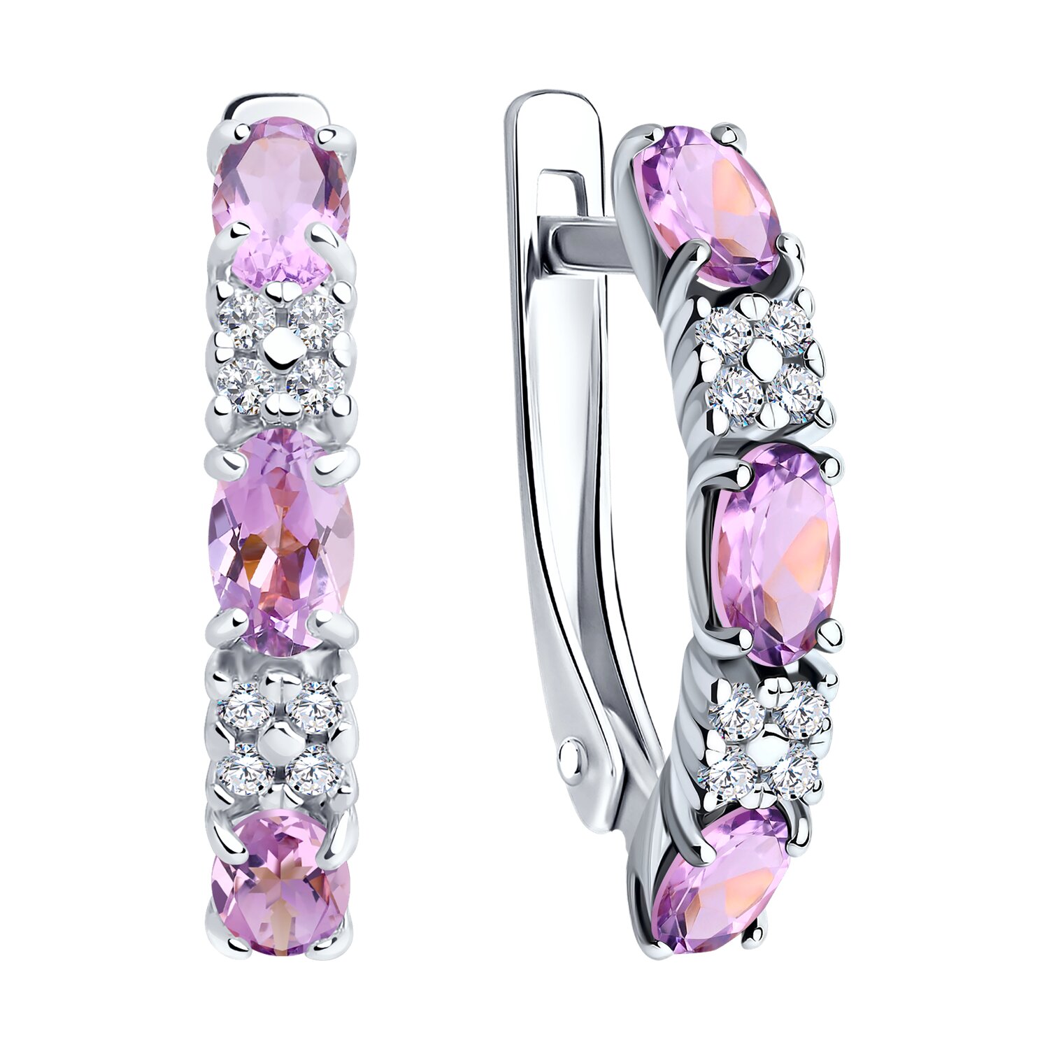 SOKOLOV 92021432 Women's Earrings, 925 Rhodium-Plated Silver, Amethyst and Cubic Zirconia, Round Cut, English Lock, 2.71g, 0.264 ct
