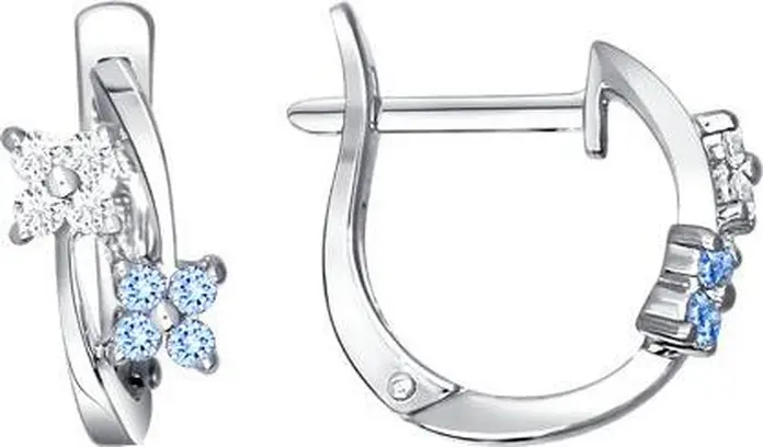 Bijuterii pentru Copii Sokolov 94020112, Argint Sterling 925 cu Cubic Zirconia Albastru Rotund, Design Floral Decorativ, Închidere Englezească, 1.9g