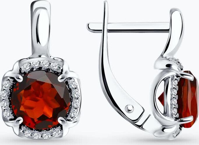 Sokolov 92021681 Women's Earrings, 925 Sterling Silver Rhodium Plated, Garnet and Cubic Zirconia Round Inserts, English Lock, 3.53g