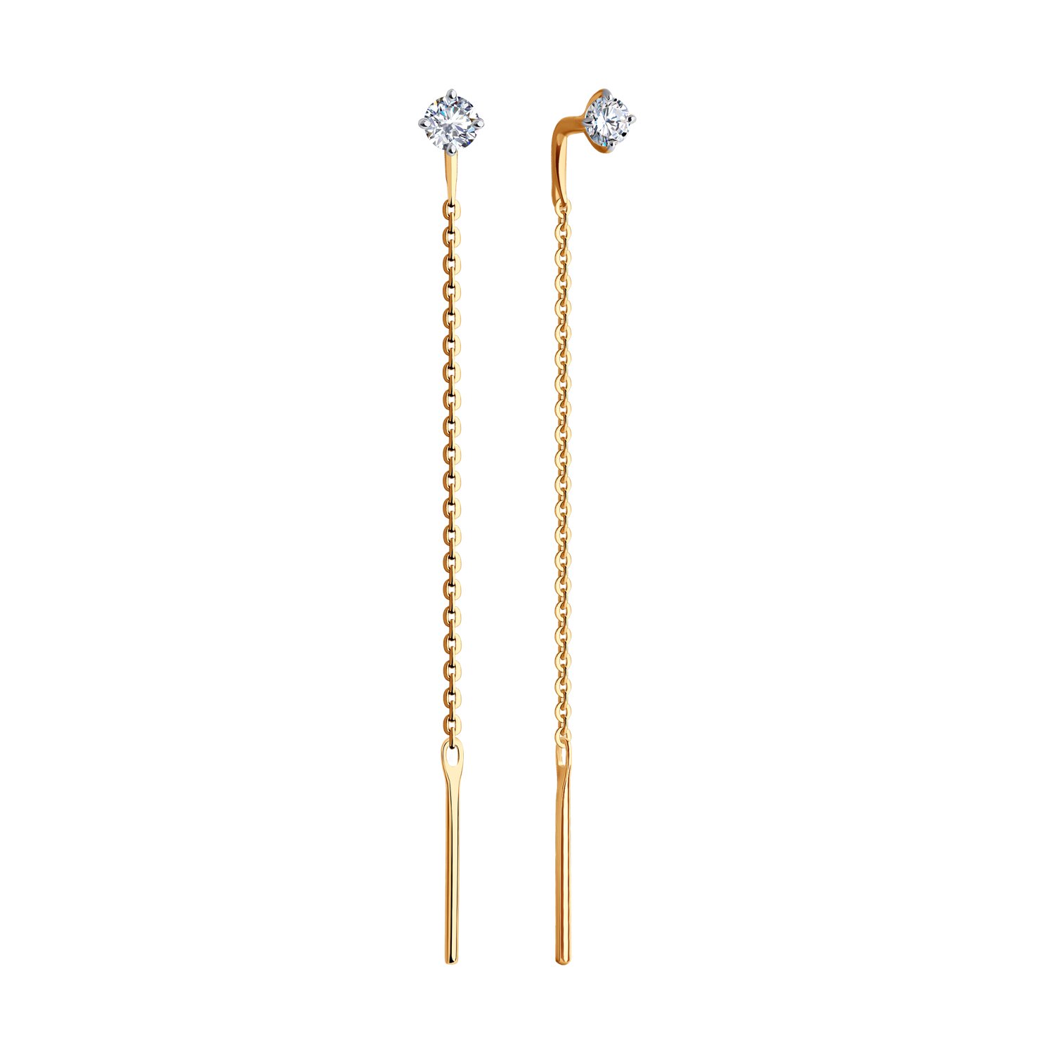 Серьги Diamant 51-123-02105-1 для женщин, красное золото 585 пробы, круглый бесцветный фианит 3 мм, замок-продёвка, длина 50 мм