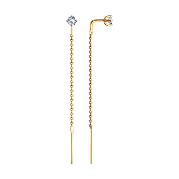 Серьги Diamant 51-123-02105-1 для женщин, красное золото 585 пробы, круглый бесцветный фианит 3 мм, замок-продёвка, длина 50 мм