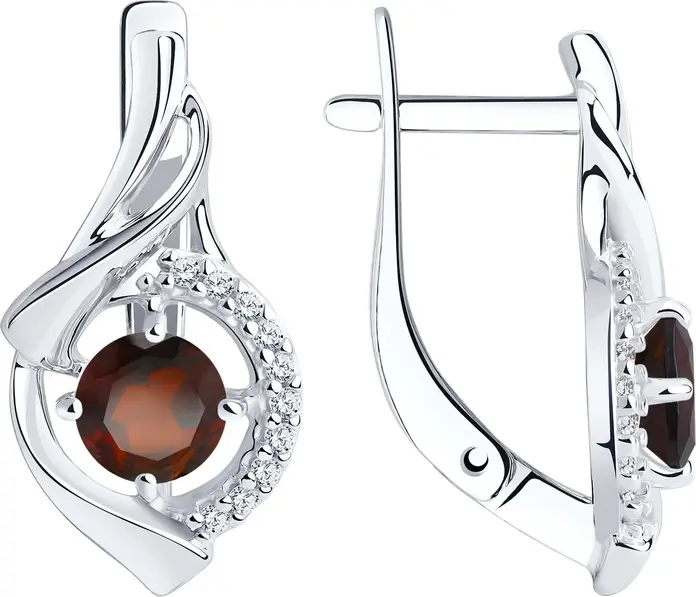 Diamant 94-320-00379-2 Women's Rhodium-Plated 925 Sterling Silver Earrings with Garnet and Cubic Zirconia, Round Cut, English Lock, 3.4g