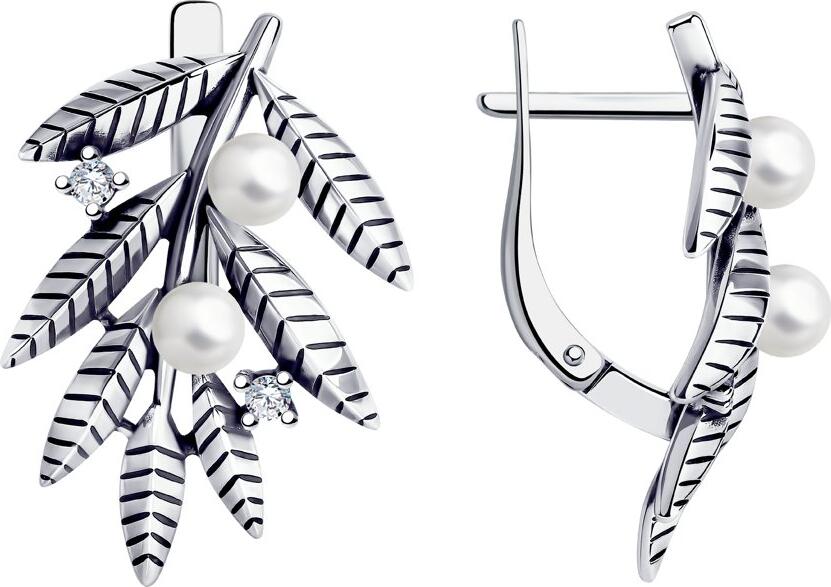 SOKOLOV 95020081 Women's Earrings, Oxidized Silver 925, Round Leaf Design with 4 Pearls and 4 Cubic Zirconia, English Lock, 26x18x6 mm