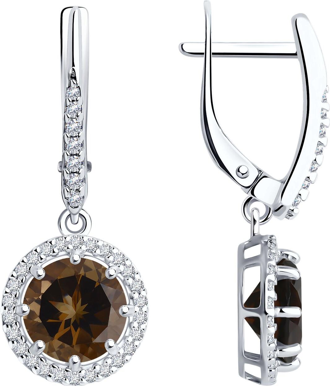 Серьги Diamant 94-321-02052-4 для женщин, серебро 925 с родиевым покрытием, дымчатый кварц и кубический цирконий, круглая форма, английский замок, 29мм