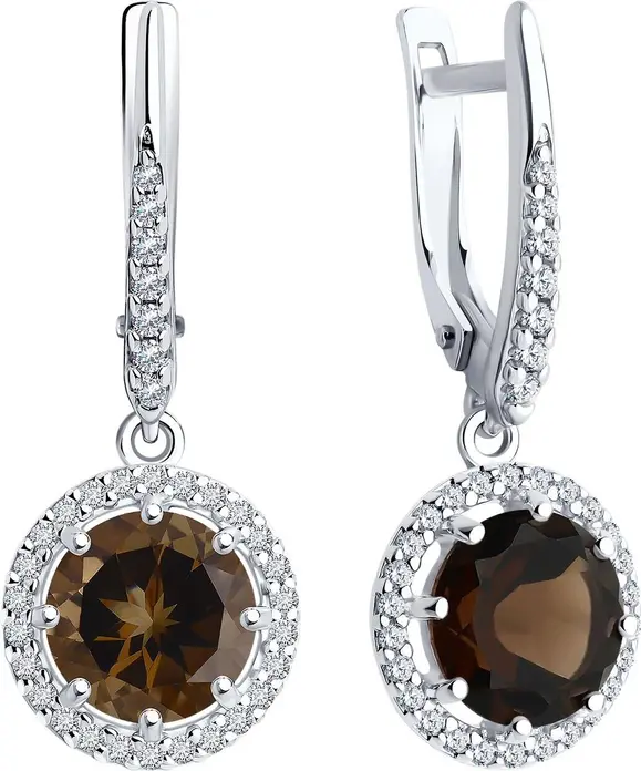 Серьги Diamant 94-321-02052-4 для женщин, серебро 925 с родиевым покрытием, дымчатый кварц и кубический цирконий, круглая форма, английский замок, 29мм