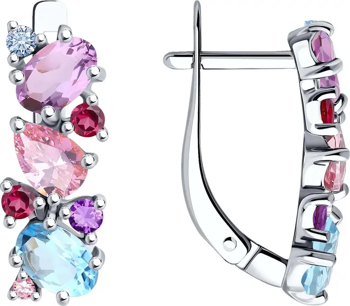 SOKOLOV 92022773 Women's Rhodium-Plated 925 Sterling Silver Earrings with Mixed Color Cubic Zirconia (Fianit) Stones, 2.25mm, English Lock, Lilac