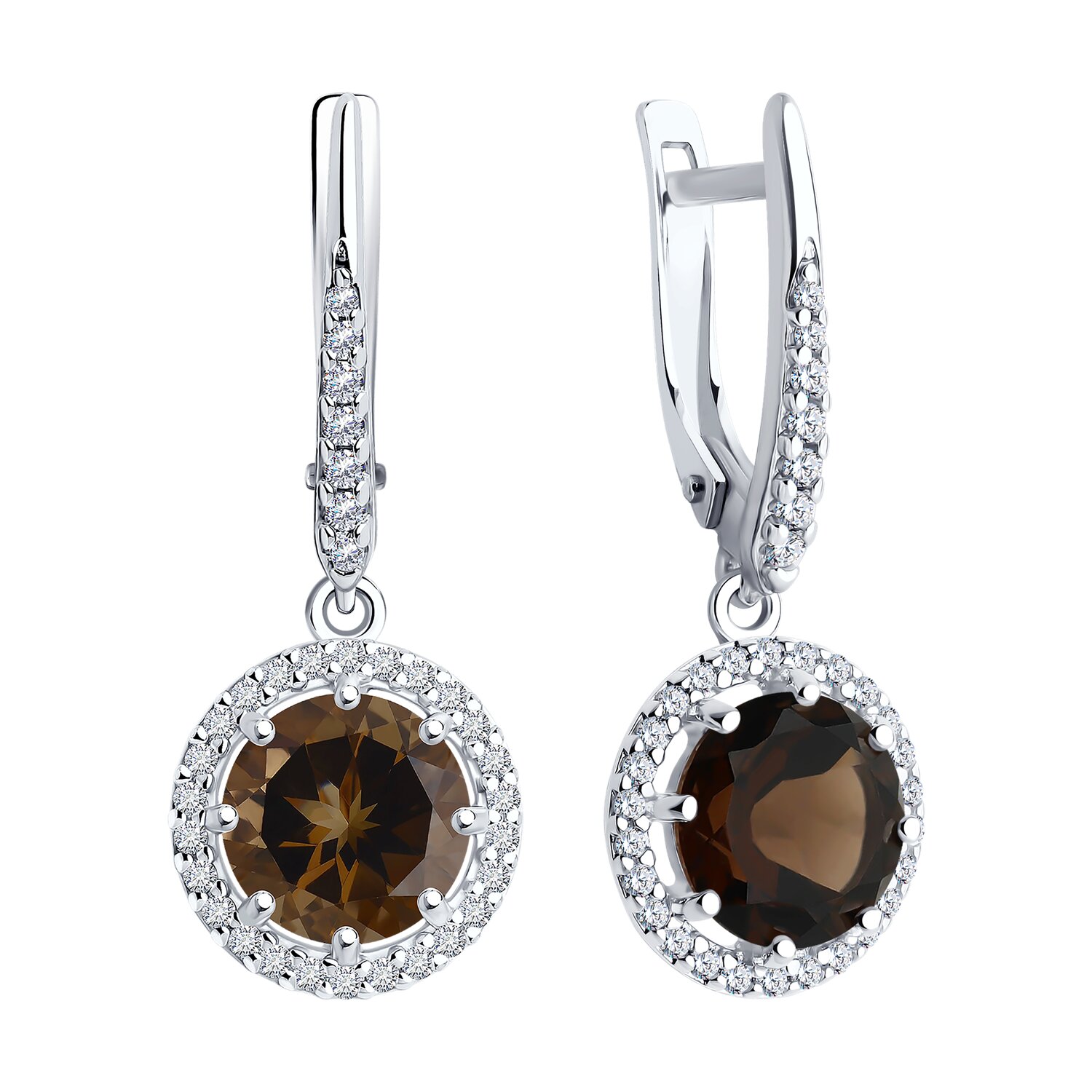 Серьги Diamant 94-321-02052-4 для женщин, серебро 925 с родиевым покрытием, дымчатый кварц и кубический цирконий, круглая форма, английский замок, 29мм