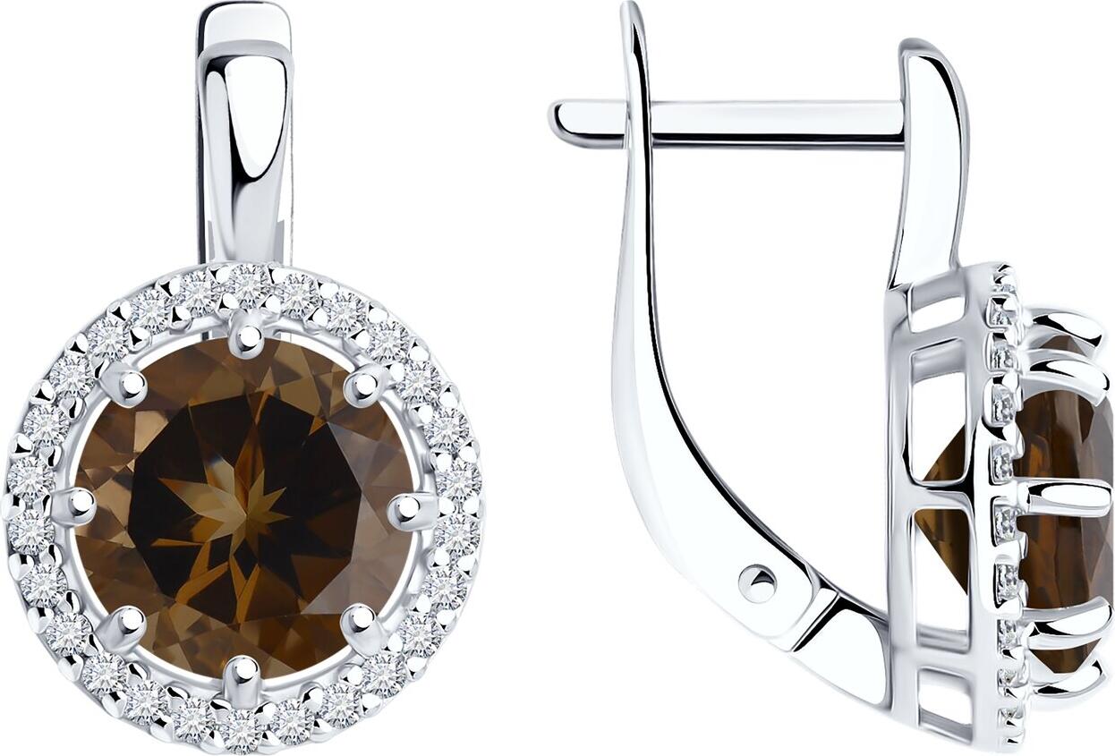 Серьги Diamant для женщин 94-320-02052-4, серебро 925 с родиевым покрытием, дымчатый кварц и кубический цирконий, круглые камни, английский замок, 20 мм