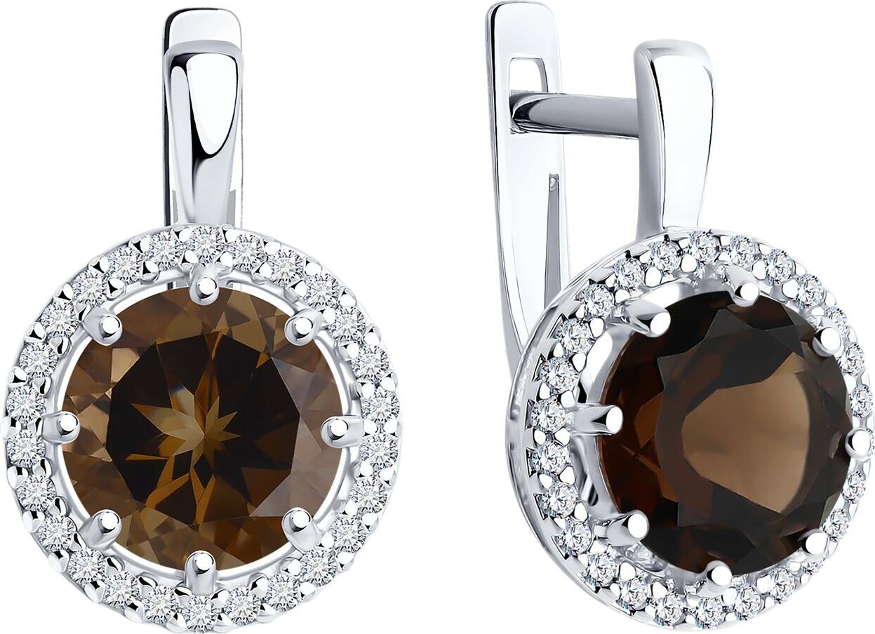 Серьги Diamant для женщин 94-320-02052-4, серебро 925 с родиевым покрытием, дымчатый кварц и кубический цирконий, круглые камни, английский замок, 20 мм