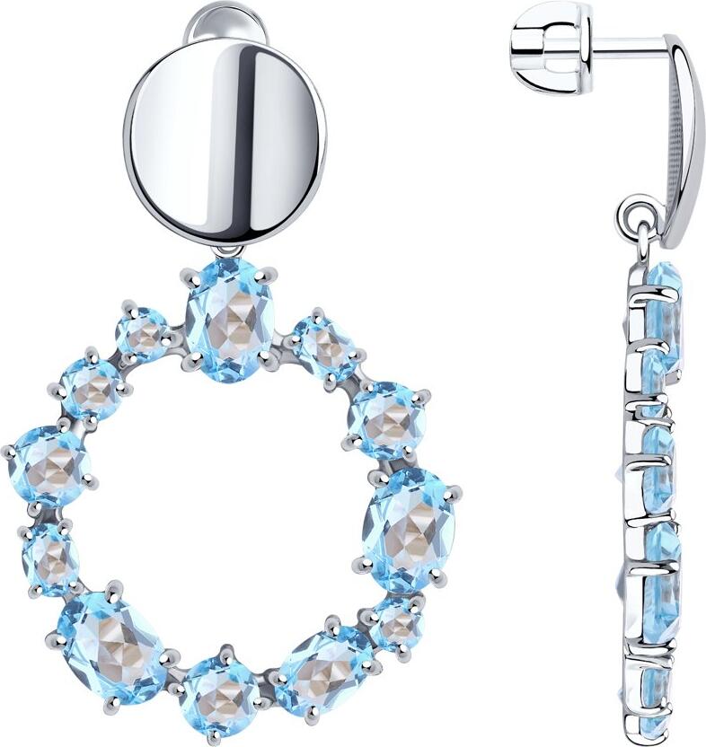 Cercei SOKOLOV pentru femei din argint 925 cu topaz albastru tăietură ovală, închidere stud, 12 pietre, 41x26x3 mm, 8.20g, model 92022173