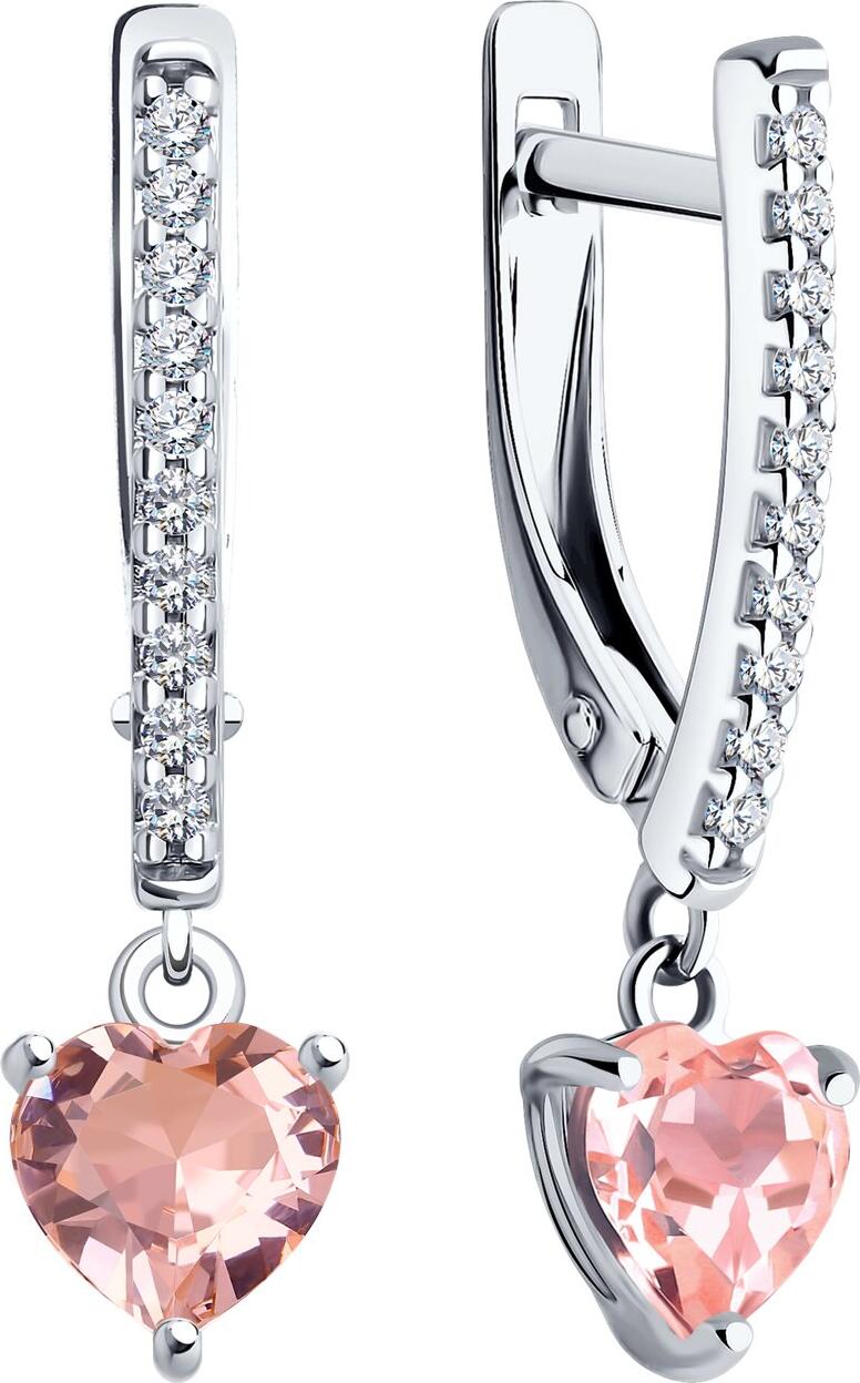 Cercei SOKOLOV 92022923 pentru femei, Argint 925 Placare Rodiu, Sitall Roz Formă Inimă 0.33ct și Zirconiu Cubic Incolor, Închidere Engleză, 25mm