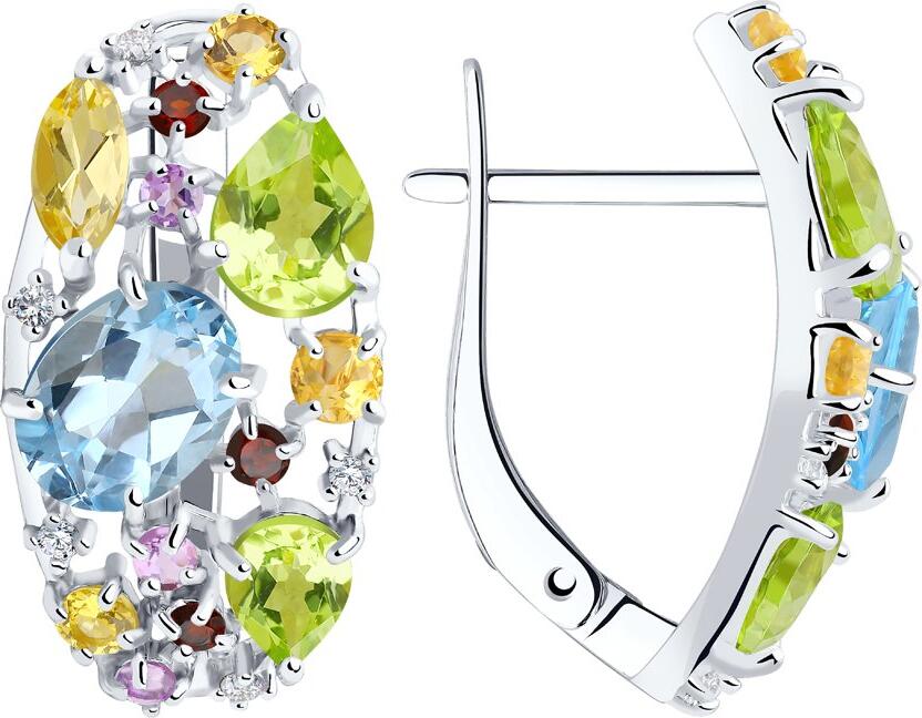 SOKOLOV 92020174 Women's Earrings, 925 Sterling Silver Rhodium Plated, Multi-Gemstone with Amethyst, Garnet, Topaz, Peridot, Citrine and Cubic Zirconia, English Lock