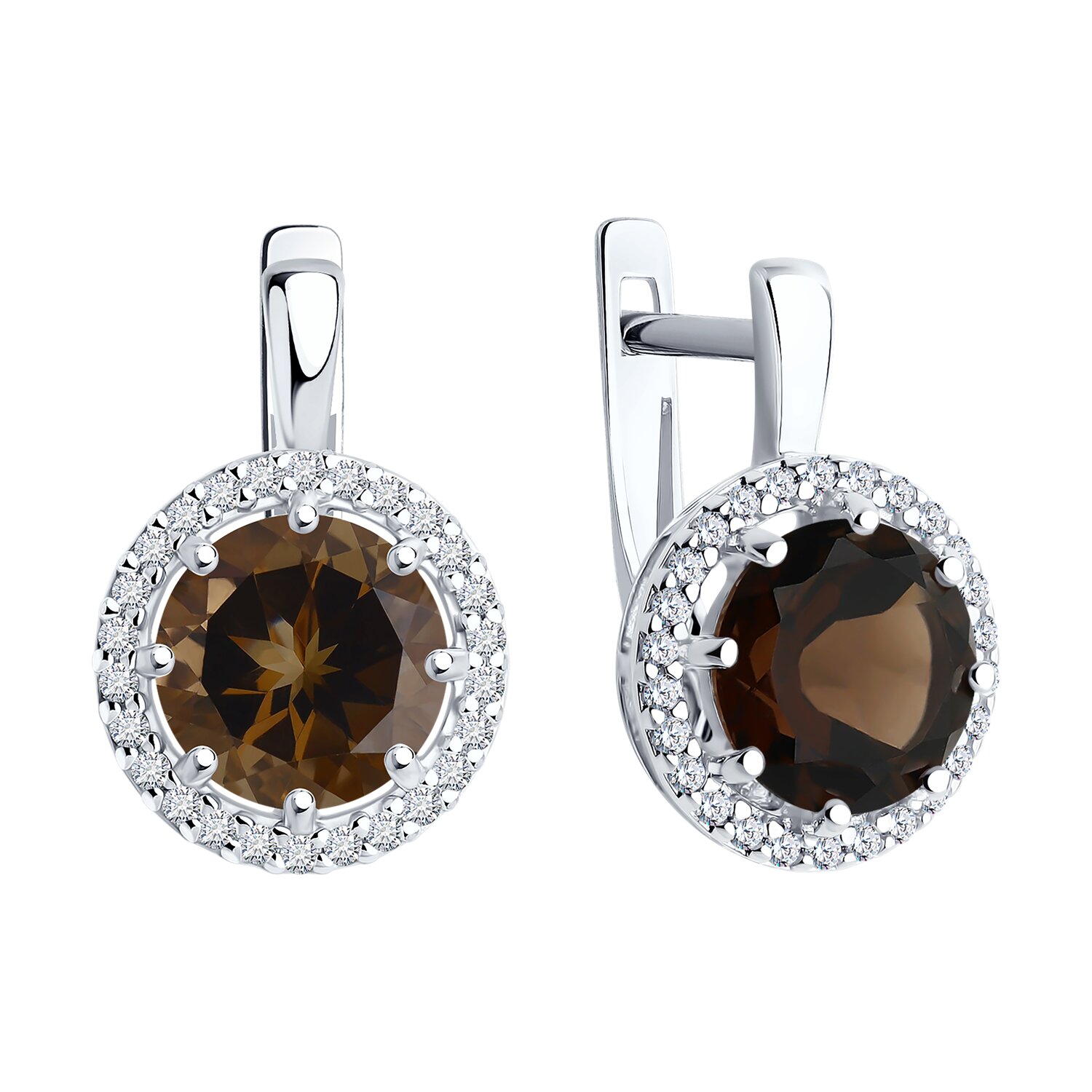 Серьги Diamant для женщин 94-320-02052-4, серебро 925 с родиевым покрытием, дымчатый кварц и кубический цирконий, круглые камни, английский замок, 20 мм