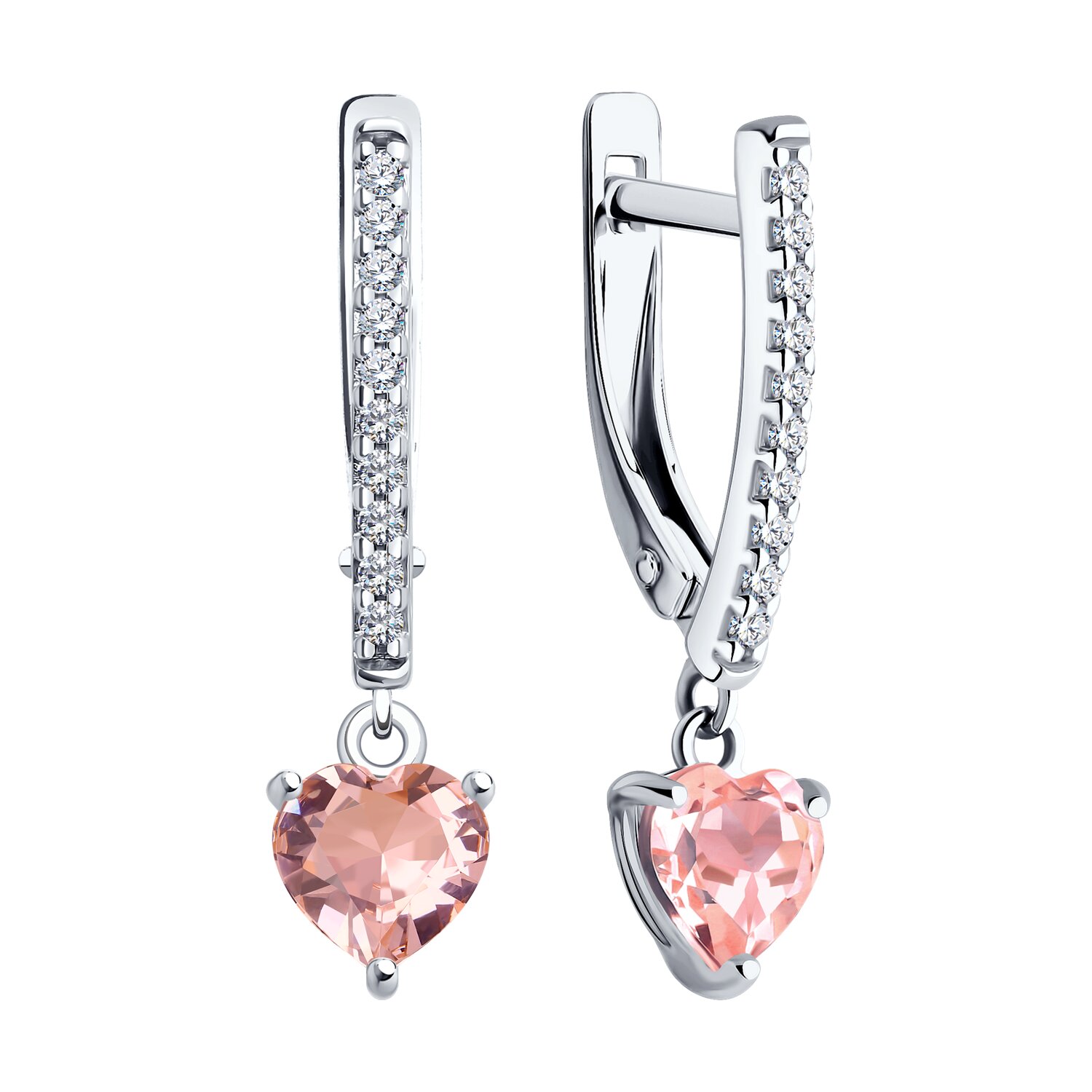 Cercei SOKOLOV 92022923 pentru femei, Argint 925 Placare Rodiu, Sitall Roz Formă Inimă 0.33ct și Zirconiu Cubic Incolor, Închidere Engleză, 25mm