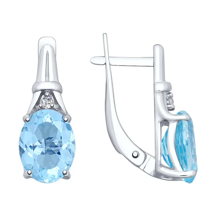 SOKOLOV 92022024 Women's Earrings, 925 Sterling Silver with Blue Topaz and Cubic Zirconia, Round Design, English Lock, 17x7x6 mm