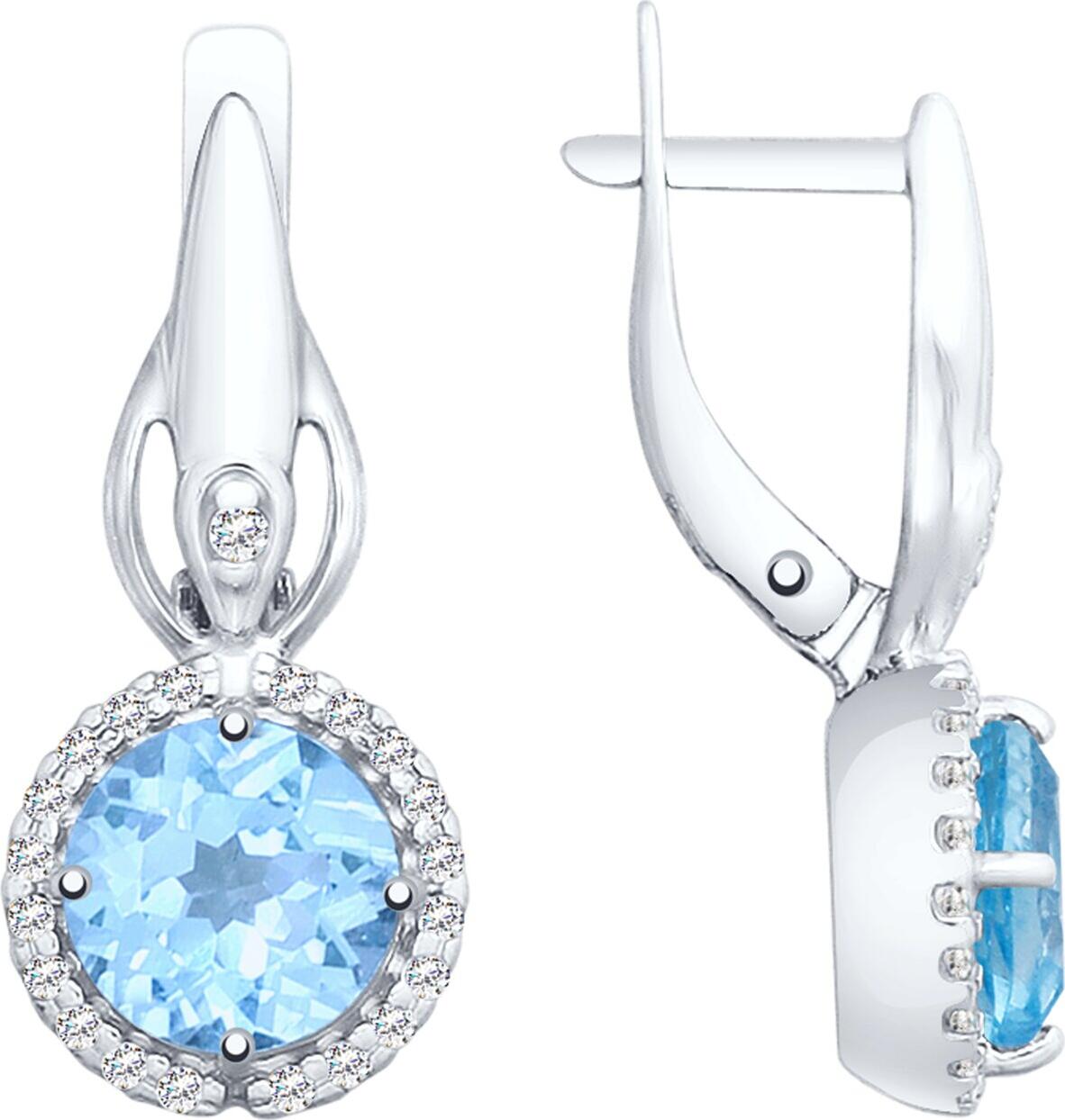 Cercei SOKOLOV 92021858 pentru femei, Argint 925 placat cu Rodiu, Topaz și Zirconiu Cubic, Inserturi rotunde 1mm, Închidere englezească, 0.34 carate