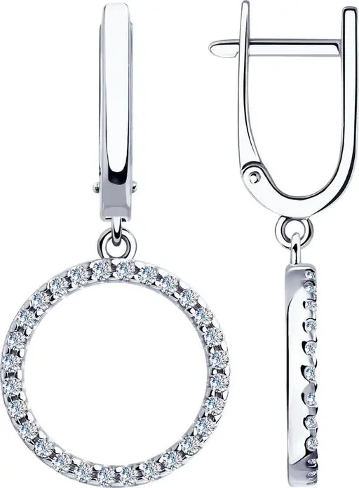 SOKOLOV 94023405 Women's Circular Pendant Earrings, 925 Sterling Silver with Rhodium Coating, 56 Cubic Zirconia Inserts, English Lock, 32x15x3 mm