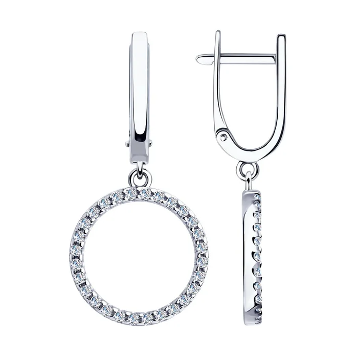 SOKOLOV 94023405 Women's Circular Pendant Earrings, 925 Sterling Silver with Rhodium Coating, 56 Cubic Zirconia Inserts, English Lock, 32x15x3 mm