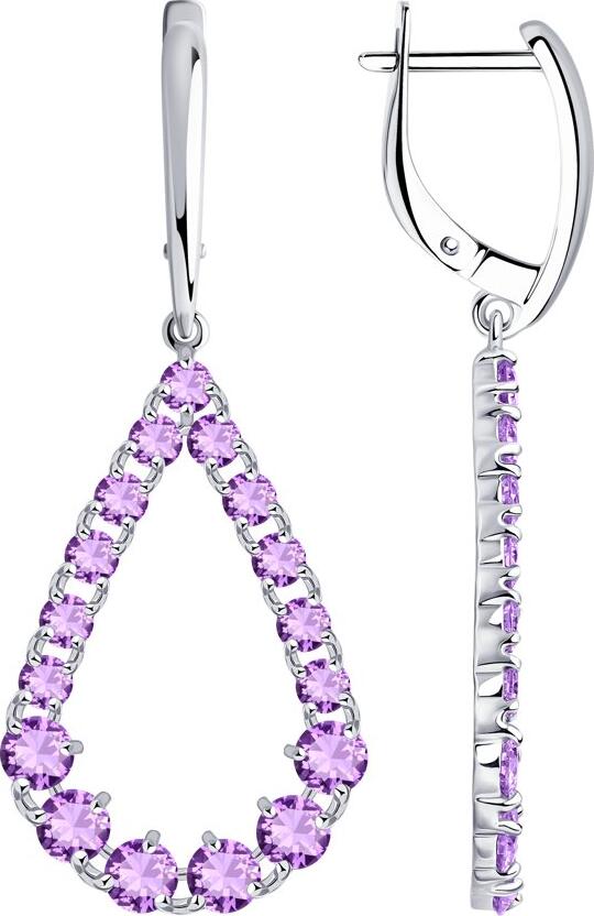 SOKOLOV Women's Silver 925 Earrings with Lilac Cubic Zirconia, English Lock, Teardrop Pendant, 50mm Length, Art. 94-121-00558-2