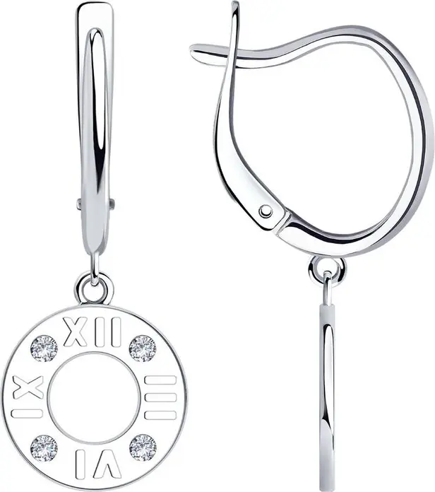 Cercei SOKOLOV 94024391 pentru femei, Argint 925 placat cu rodiu, Cubic Zirconia incolor rotund, Design circular cu cifre romane, Închidere englezească, 31mm