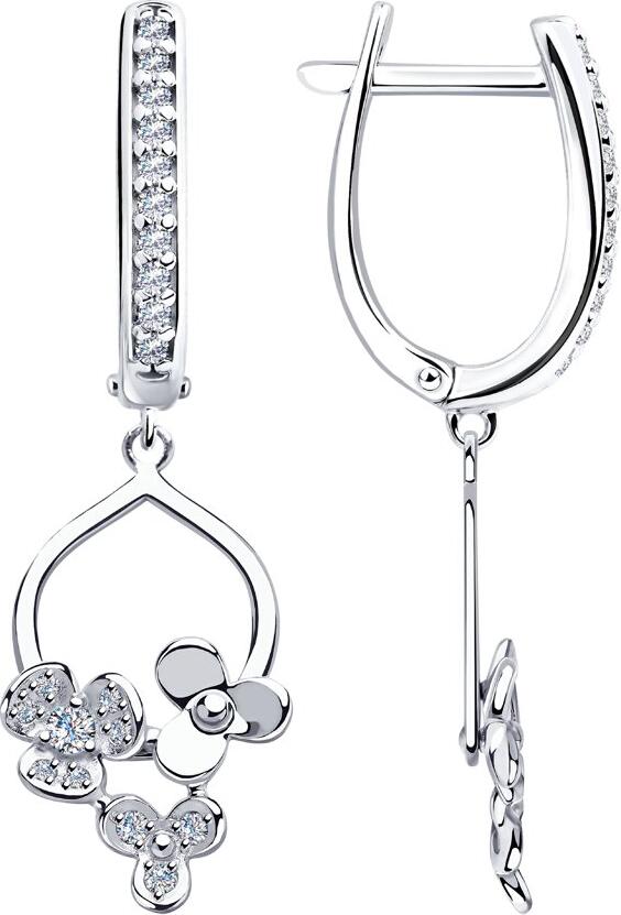 Cercei lungi pentru femei SOKOLOV 94023461, Argint 925 Rodiat, cu Zirconiu Cubic Incolor Rotund, Design Floral cu Pandantiv, Închegat English Lock, 37mm
