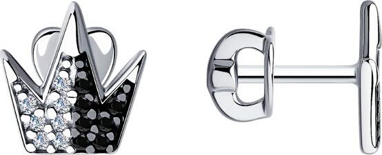 SKLV 94024723 Cercei Stud Formă Coroană pentru Femei, Argint Sterling 925 Placate cu Rodiu, Zirconiu Cubic Alb și Negru, Colecția Disney, 10x9x1 mm
