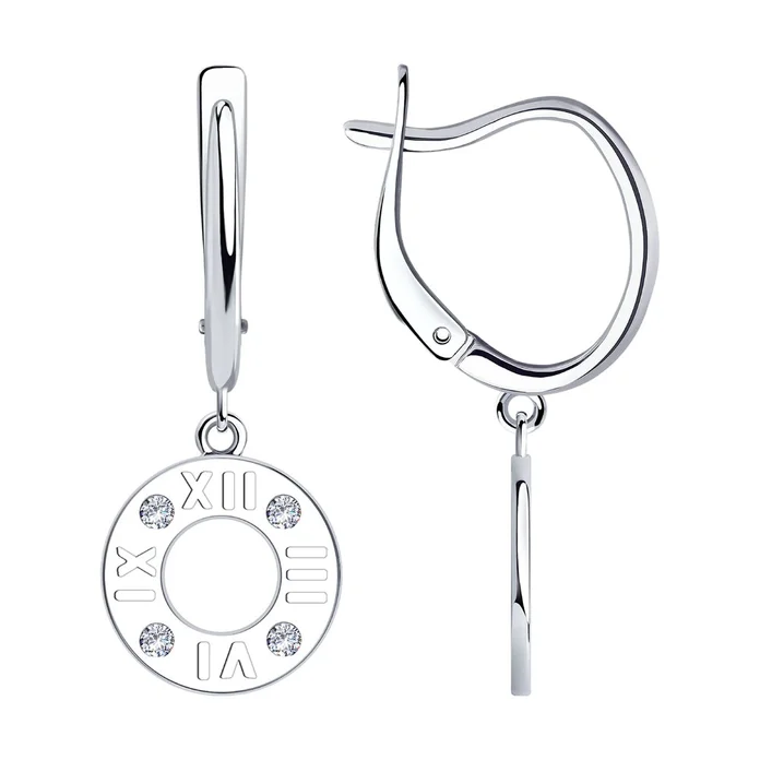 Cercei SOKOLOV 94024391 pentru femei, Argint 925 placat cu rodiu, Cubic Zirconia incolor rotund, Design circular cu cifre romane, Închidere englezească, 31mm