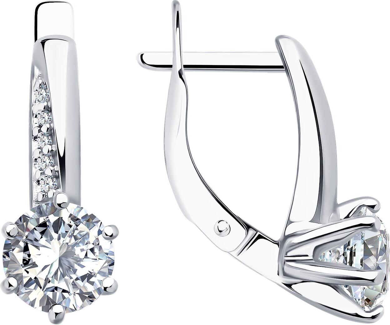 Серьги Diamant 94-120-02134-1 для женщин, серебро 925 с родиевым покрытием, круглые бесцветные фианиты, английский замок, 18x6x6 мм