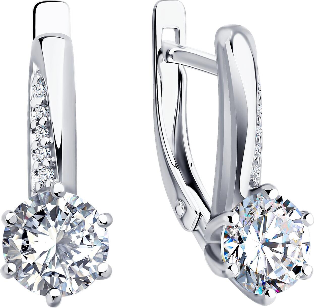 Серьги Diamant 94-120-02134-1 для женщин, серебро 925 с родиевым покрытием, круглые бесцветные фианиты, английский замок, 18x6x6 мм