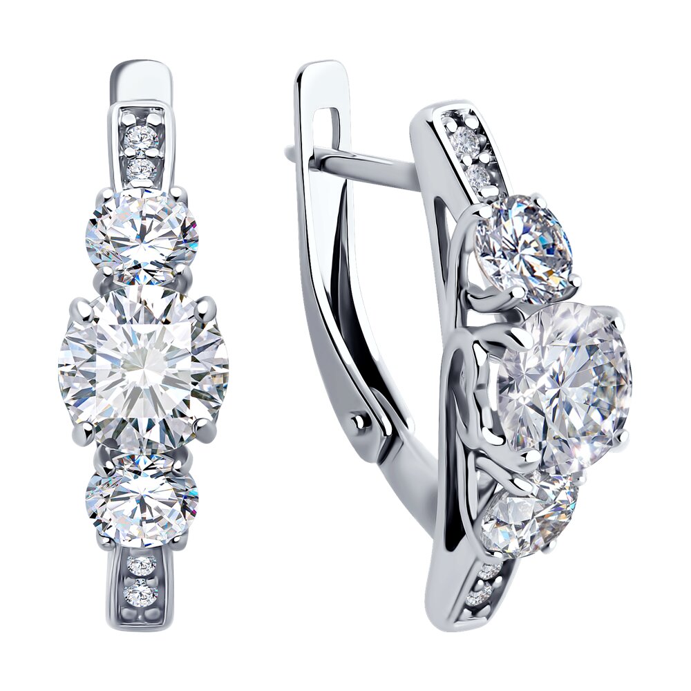 Diamant 94-120-02151-1 Women's 925 Sterling Silver Rhodium Plated Earrings, Round Colorless Cubic Zirconia 4mm, English Lock, 20mm Length