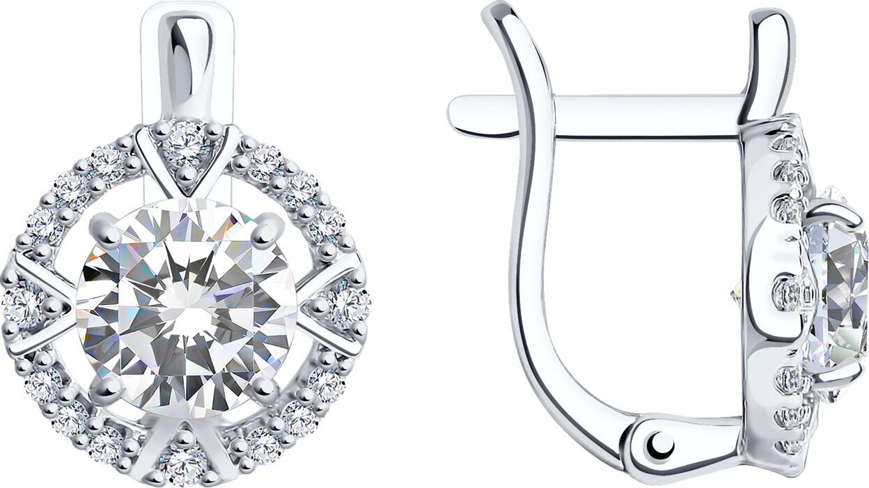 SOKOLOV 94022001 Women's Halo Earrings, 925 Sterling Silver Rhodium-Plated, Round Colorless Cubic Zirconia, English Lock, 2.63g