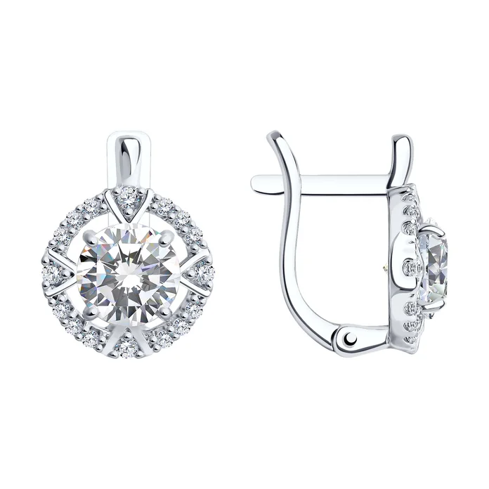 SOKOLOV 94022001 Women's Halo Earrings, 925 Sterling Silver Rhodium-Plated, Round Colorless Cubic Zirconia, English Lock, 2.63g